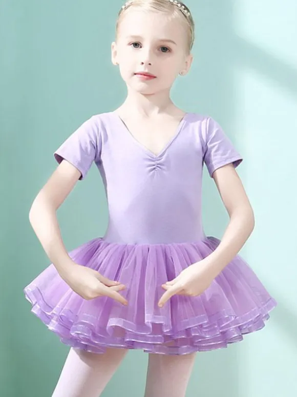 Ballet Dress Lilac Women's Kid's Dancer Cut Out Ruffles Artwork Pleated Cotton Blend Dress Tunic performance wear