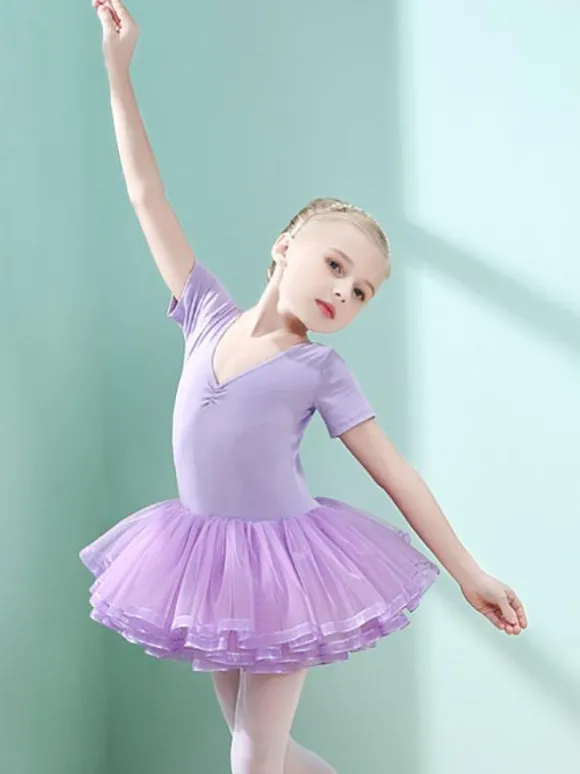 Ballet Dress Lilac Women's Kid's Dancer Cut Out Ruffles Artwork Pleated Cotton Blend Dress Tunic performance wear
