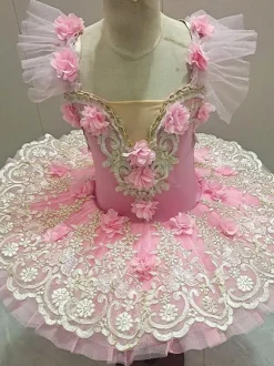 Ballet Dress Pink Kid's Adult's Ballerina Ruffles Flowers Lace Polyester Dress Performance Wear