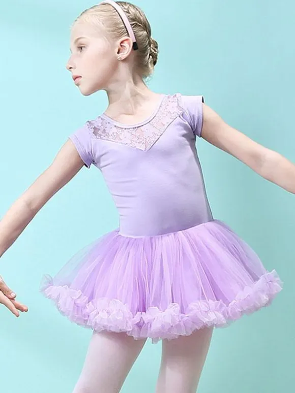 Ballet Dress Pink Women's Kid's Dancer Cut Out Ruffles Artwork Pleated Cotton Blend Dress Tunic performance wear