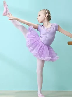 Ballet Dress Pink Women's Kid's Dancer Cut Out Ruffles Artwork Pleated Cotton Blend Dress Tunic performance wear