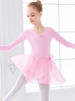 Ballet Dress Pink Women's Kid's Dancer Bows Pleated Artwork Pleated Cotton Blend Dress Tunic performance wear