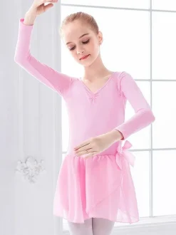 Ballet Dress Pink Women's Kid's Dancer Bows Pleated Artwork Pleated Cotton Blend Dress Tunic performance wear