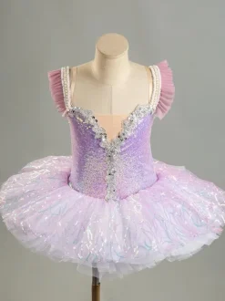 Ballet Dress Purple Women's Adult's Ballerina Ruffles Sequins Ombre Polyester Dress Set Dancing Wear