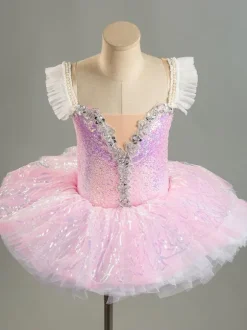 Ballet Dress Purple Women's Adult's Ballerina Ruffles Sequins Ombre Polyester Dress Set Dancing Wear
