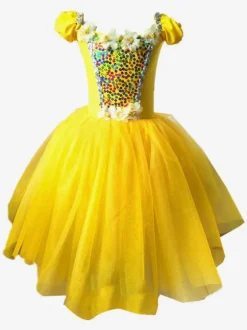 Ballet Dress Yellow Women's Kid's Ballerina Sequins Flowers Polyester Dress Set Performance Wear