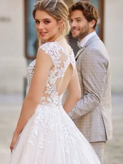 Ball Gown Wedding Dress A-Line With Train V-Neck Short Sleeves Natural Waist Lace Lace Bridal Gowns