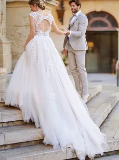 Ball Gown Wedding Dress A-Line With Train V-Neck Short Sleeves Natural Waist Lace Lace Bridal Gowns