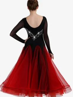 Ballroom Dance Costume Burgundy Women Long Sleeve Organza Beading Training Dancing Dresses