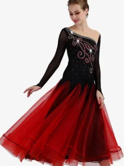 Ballroom Dance Costume Burgundy Women Long Sleeve Organza Beading Training Dancing Dresses