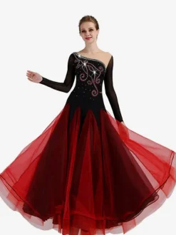 Ballroom Dance Costume Burgundy Women Long Sleeve Organza Beading Training Dancing Dresses