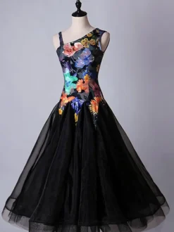 Ballroom Dance Costume Dresses Floral Black Women Long Sleeve Organza Practice Dancing Costume