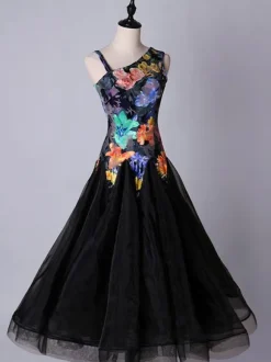 Ballroom Dance Costume Dresses Floral Black Women Long Sleeve Organza Practice Dancing Costume