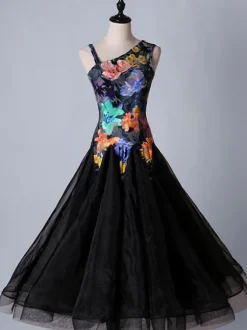 Ballroom Dance Costume Dresses Floral Black Women Long Sleeve Organza Practice Dancing Costume