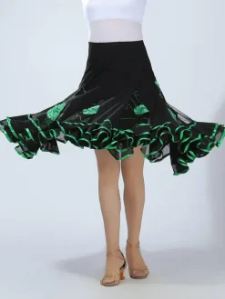 Ballroom Dance Costume Women's Green Two Tone Embroidered Performance Long Skirt