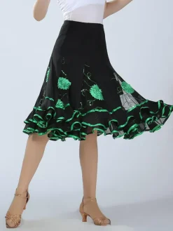 Ballroom Dance Costume Women's Green Two Tone Embroidered Performance Long Skirt
