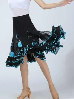 Ballroom Dance Costume Women's Green Two Tone Embroidered Performance Long Skirt