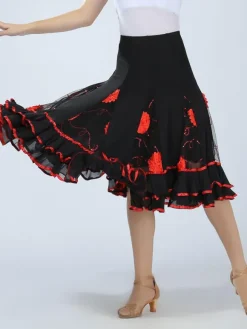 Ballroom Dance Costume Women's Green Two Tone Embroidered Performance Long Skirt