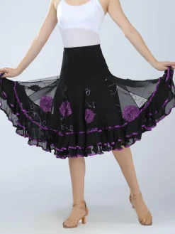 Ballroom Dance Costume Women's Green Two Tone Embroidered Performance Long Skirt