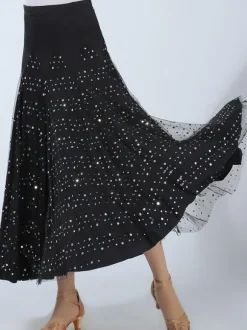 Ballroom Dance Costume Women's Black Sequin Performance Maxi Skirt