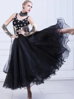 Ballroom Dance Costume Women Organza Beading Practice Dancing Dresses