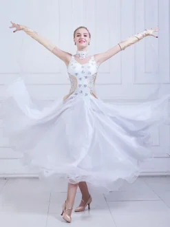 Ballroom Dance Costume Women Organza Beading Practice Dancing Dresses