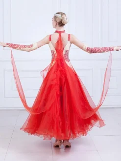 Ballroom Dance Costume Women Organza Beading Practice Dancing Dresses