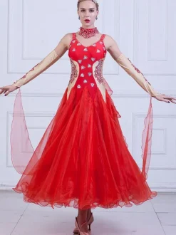 Ballroom Dance Costume Women Organza Beading Practice Dancing Dresses
