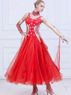 Ballroom Dance Costume Women Organza Beading Practice Dancing Dresses