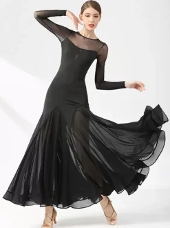 Ballroom Dance Costumes Black Women's Elegant Transparente Jewel Neck Dress Layered Dance Dress Waltz Salsa Dancing Clothes Tango Flamenco Dancewear
