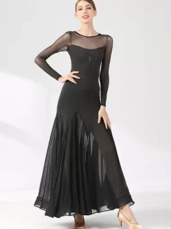 Ballroom Dance Costumes Black Women's Elegant Transparente Jewel Neck Dress Layered Dance Dress Waltz Salsa Dancing Clothes Tango Flamenco Dancewear