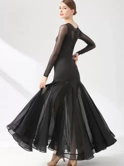 Ballroom Dance Costumes Black Women's Elegant Transparente Jewel Neck Dress Layered Dance Dress Waltz Salsa Dancing Clothes Tango Flamenco Dancewear