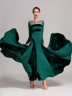Ballroom Dance Costumes Black Women's Sexy Transparente Jewel Neck Polyester Dress Layered Dance Dress