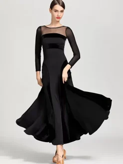Ballroom Dance Costumes Black Women's Sexy Transparente Jewel Neck Polyester Dress Layered Dance Dress