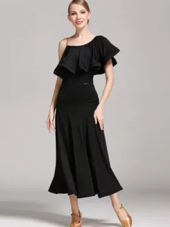 Ballroom Dance Costumes Black Women's Sexy Asymmetrical Neck Polyester Dress Ruffles Asymmetrical Dance Wear