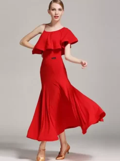 Ballroom Dance Costumes Black Women's Sexy Asymmetrical Neck Polyester Dress Ruffles Asymmetrical Dance Wear