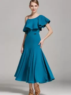 Ballroom Dance Costumes Black Women's Sexy Asymmetrical Neck Polyester Dress Ruffles Asymmetrical Dance Wear