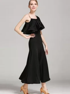 Ballroom Dance Costumes Black Women's Sexy Asymmetrical Neck Polyester Dress Ruffles Asymmetrical Dance Wear