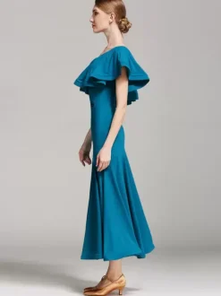 Ballroom Dance Costumes Black Women's Sexy Asymmetrical Neck Polyester Dress Ruffles Asymmetrical Dance Wear