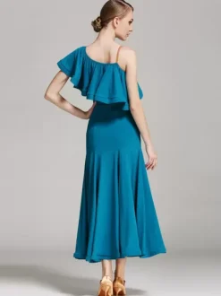 Ballroom Dance Costumes Black Women's Sexy Asymmetrical Neck Polyester Dress Ruffles Asymmetrical Dance Wear