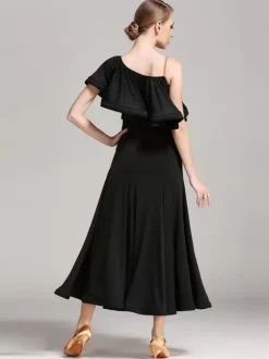 Ballroom Dance Costumes Black Women's Sexy Asymmetrical Neck Polyester Dress Ruffles Asymmetrical Dance Wear