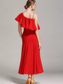 Ballroom Dance Costumes Black Women's Sexy Asymmetrical Neck Polyester Dress Ruffles Asymmetrical Dance Wear
