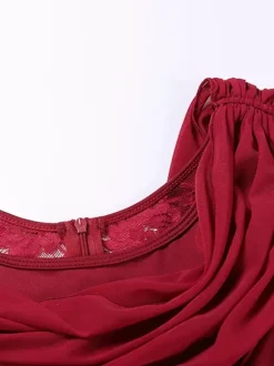 Ballroom Dance Costumes Burgundy Women's Elegant Transparente Cowl Neck Polyester Dress Lace Ruffles Pleated Dance Dress