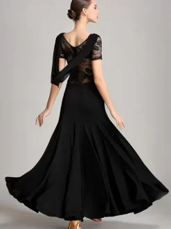 Ballroom Dance Costumes Burgundy Women's Elegant Transparente Cowl Neck Polyester Dress Lace Ruffles Pleated Dance Dress