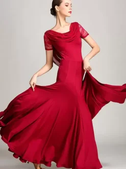 Ballroom Dance Costumes Burgundy Women's Elegant Transparente Cowl Neck Polyester Dress Lace Ruffles Pleated Dance Dress