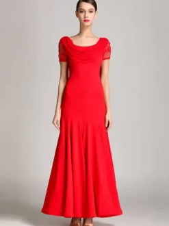 Ballroom Dance Costumes Burgundy Women's Elegant Transparente Cowl Neck Polyester Dress Lace Ruffles Pleated Dance Dress