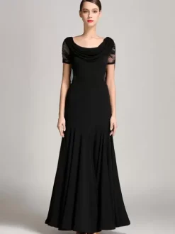 Ballroom Dance Costumes Burgundy Women's Elegant Transparente Cowl Neck Polyester Dress Lace Ruffles Pleated Dance Dress