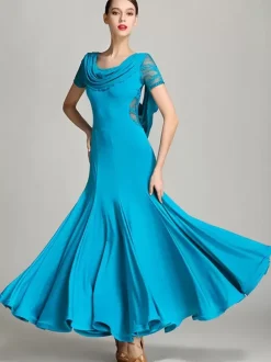 Ballroom Dance Costumes Burgundy Women's Elegant Transparente Cowl Neck Polyester Dress Lace Ruffles Pleated Dance Dress
