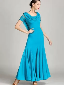 Ballroom Dance Costumes Burgundy Women's Elegant Transparente Cowl Neck Polyester Dress Lace Ruffles Pleated Dance Dress