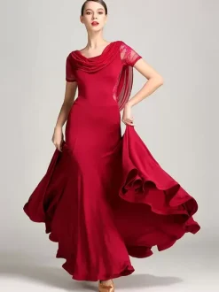 Ballroom Dance Costumes Burgundy Women's Elegant Transparente Cowl Neck Polyester Dress Lace Ruffles Pleated Dance Dress